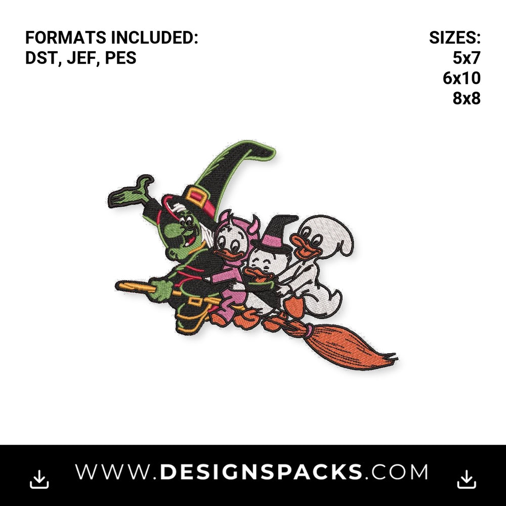 Halloween Witch & Ducks on Broomstick Embroidery Design - Instant digital download pattern at Designspacks.com