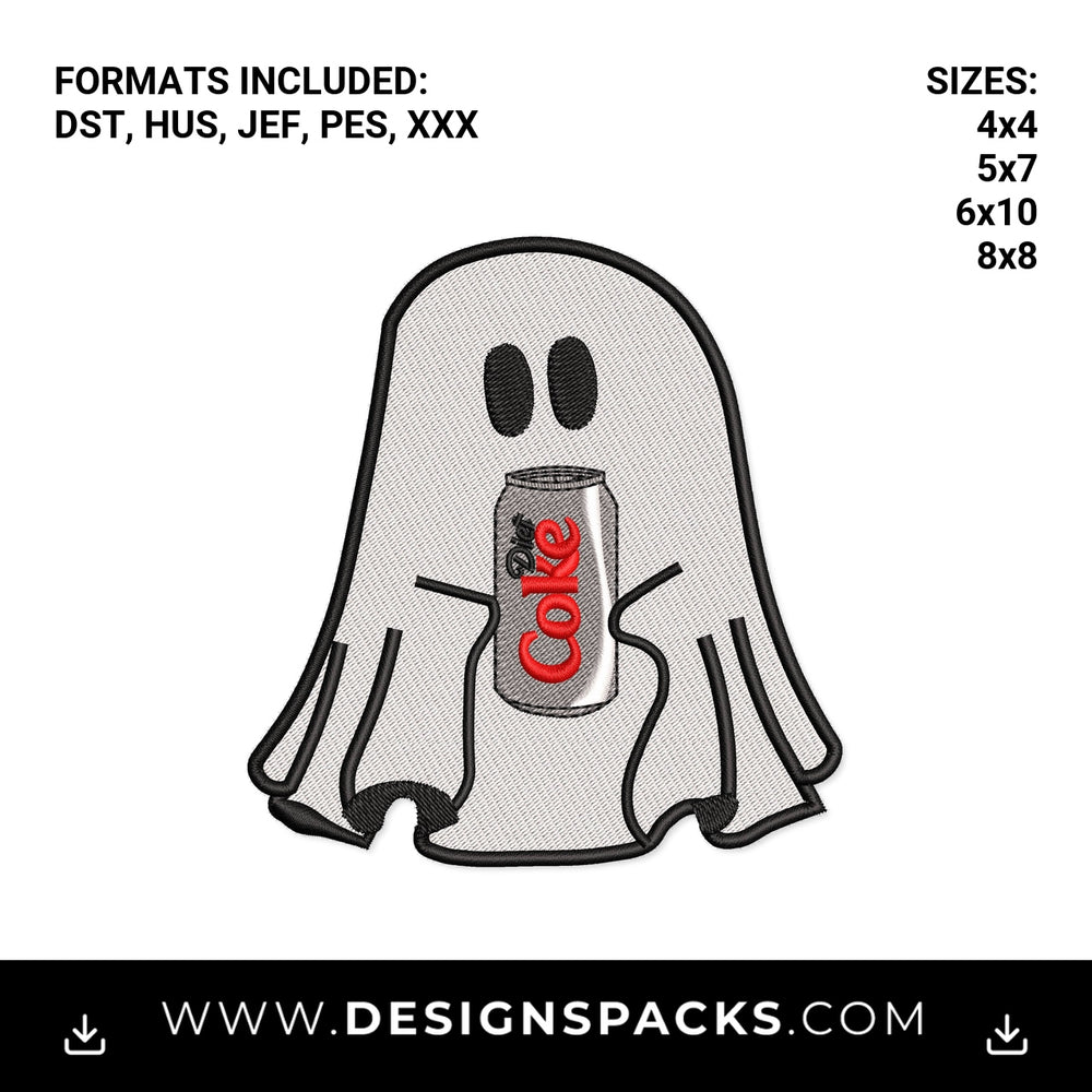 Cute Ghost Holding Diet Coke Can Embroidery Design - Instant digital download pattern at Designspacks.com