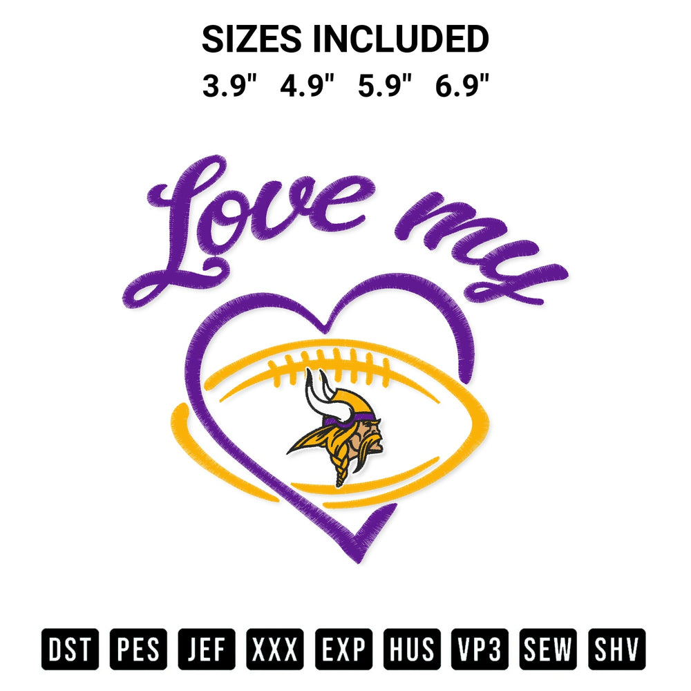 Download the Love My Minnesota Vikings Embroidery Design machine embroidery design exclusively at Designspacks.com. Premium digitized pattern for apparel and DIY crafts. Available sizes: 3.9", 4.9", 5.9", 6.9".