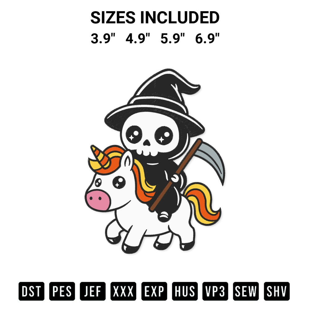Download the Witch Grim Reaper Unicorn Embroidery Design machine embroidery design exclusively at Designspacks.com. Premium digitized pattern for apparel and DIY crafts. Available sizes: 3.9", 4.9", 5.9", 6.9".