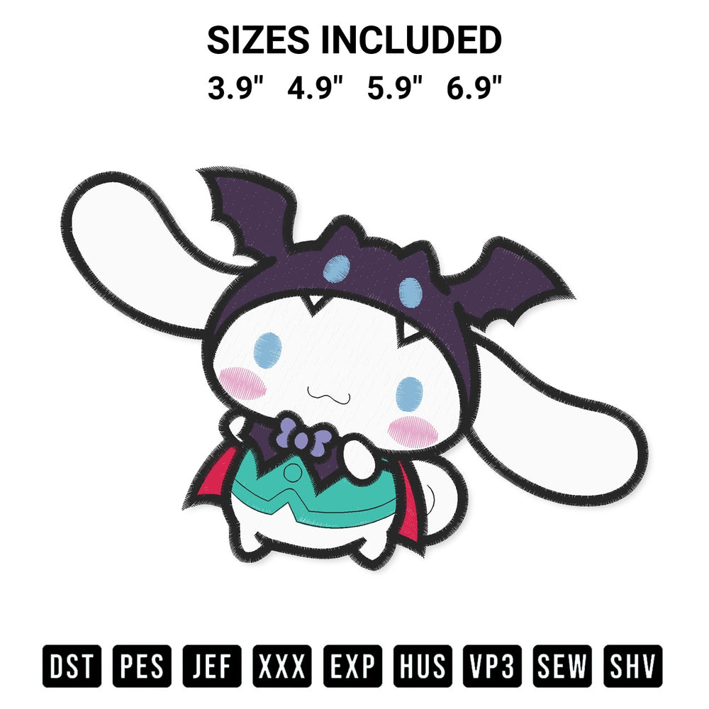 Stitch like a pro with the Cute Cinnamoroll Halloween Embroidery Design embroidery pattern from Designspacks.com. High-quality digital machine embroidery file. Available sizes: 3.9", 4.9", 5.9", 6.9".