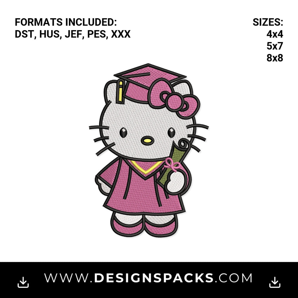 Cute Pink Graduation Kitty with Diploma Embroidery Design - Instant digital download pattern at Designspacks.com