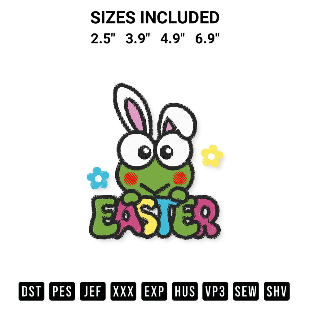 Add a unique touch to your apparel with the Keroppi Easter Bunny Embroidery Design embroidery file. Premium instant download available now on Designspacks.com. Available sizes: 2.5", 3.9", 4.9", 6.9".