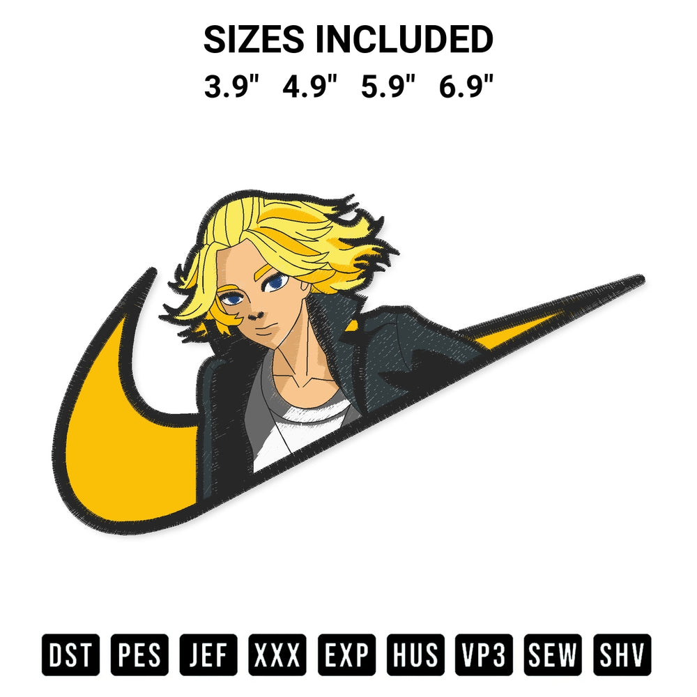 Download the Swoosh Mikey Tokyo Revengers Embroidery Design machine embroidery design exclusively at Designspacks.com. Premium digitized pattern for apparel and DIY crafts. Available sizes: 3.9", 4.9", 5.9", 6.9".