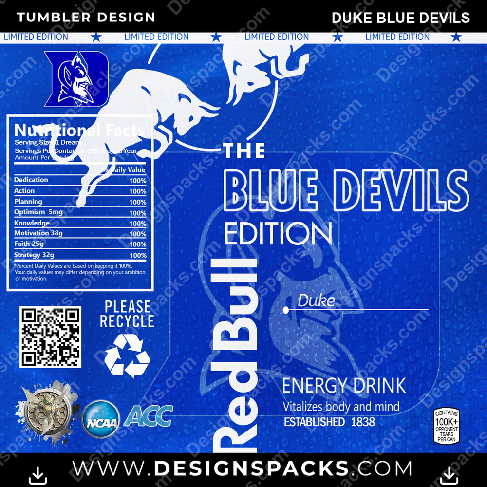 College Sport Red Bull Duke Blue Devils Tumbler Digital Wrap Design