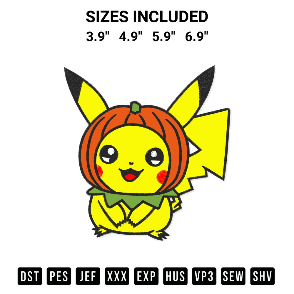 Shop the Pikachu Pumpkin Head Embroidery Design machine embroidery pattern at Designspacks.com. Beautifully digitized for flawless stitching on any fabric. Available sizes: 3.9", 4.9", 5.9", 6.9".