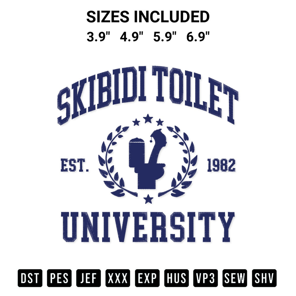 Looking for the perfect pattern? Download the Skibidi Toilet University Embroidery Design embroidery design today at Designspacks.com. Crisp, clean stitching guaranteed. Available sizes: 3.9", 4.9", 5.9", 6.9".