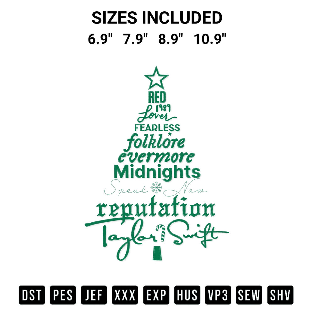 Stitch like a pro with the Taylor Swift Albums Christmas Tree Embroidery Design embroidery pattern from Designspacks.com. High-quality digital machine embroidery file. Available sizes: 6.9", 7.9", 8.9", 10.9".