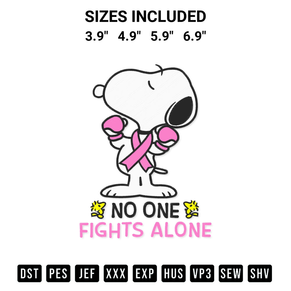 Create amazing crafts with the Snoopy No One Fights Alone Embroidery Design embroidery file. High-quality digital download from Designspacks.com, perfect for beginners and pros. Available sizes: 3.9", 4.9", 5.9", 6.9".
