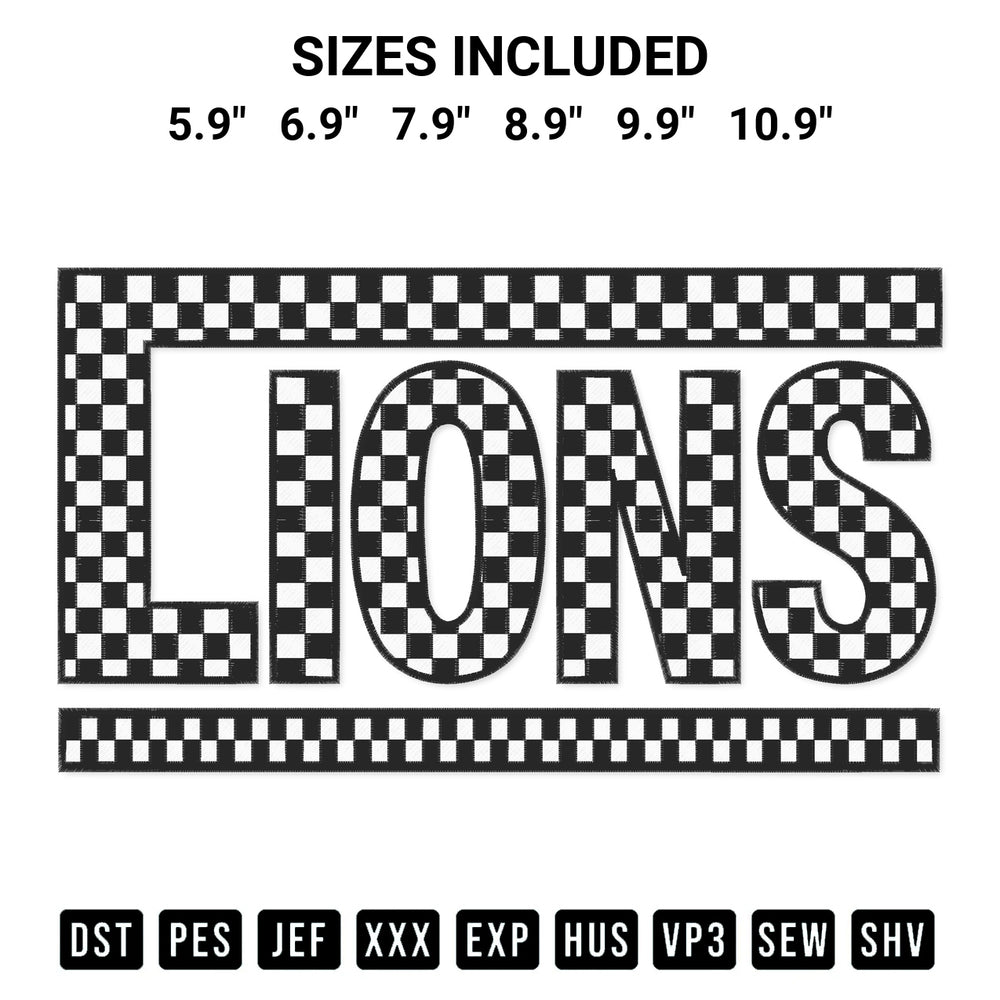 Create amazing crafts with the Checkered Lions Embroidery Design embroidery file. High-quality digital download from Designspacks.com, perfect for beginners and pros. Available sizes: 5.9", 6.9", 7.9", 8.9", 9.9", 10.9".