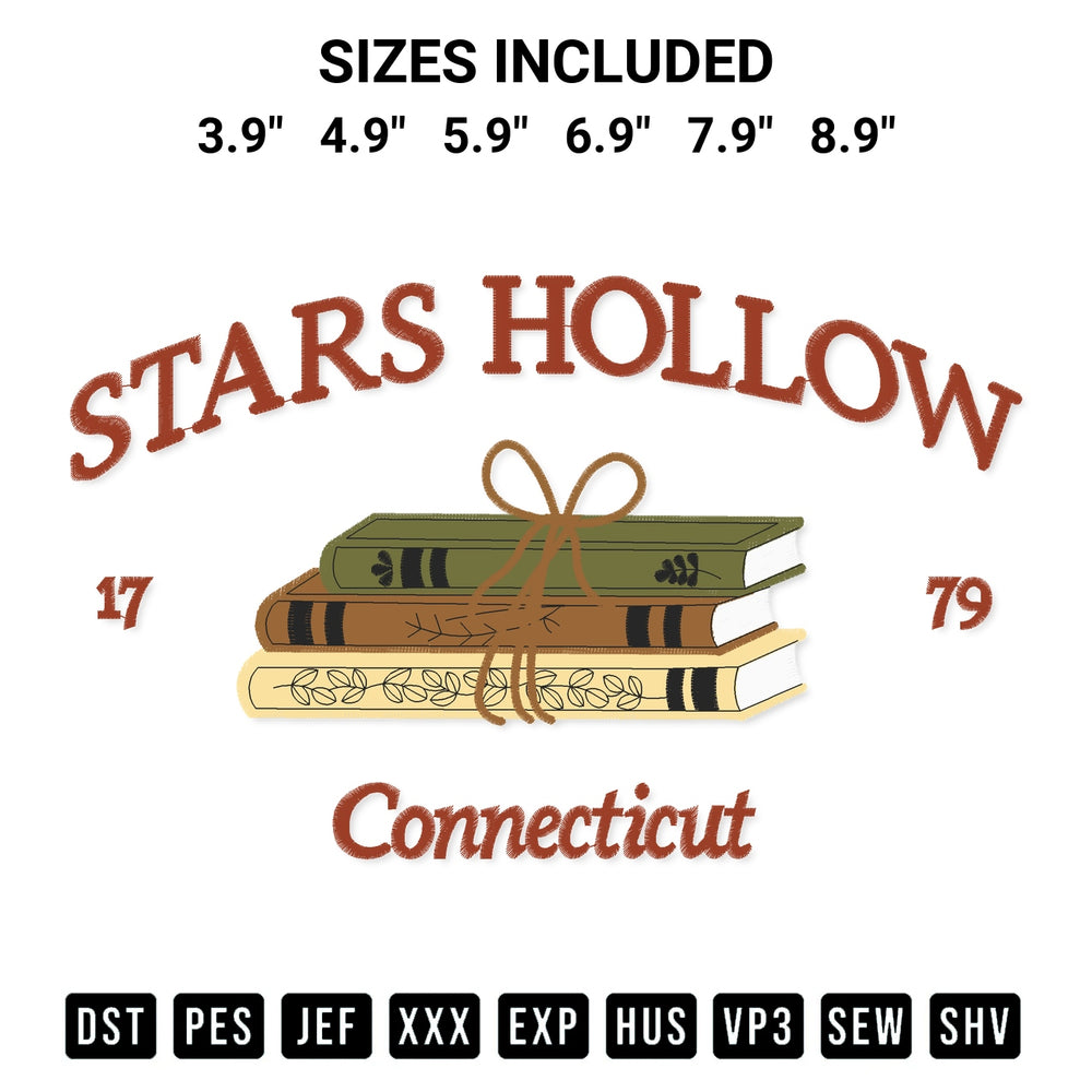 Add a unique touch to your apparel with the Stars Hollow Connecticut Embroidery Design embroidery file. Premium instant download available now on Designspacks.com. Available sizes: 3.9", 4.9", 5.9", 6.9", 7.9", 8.9".