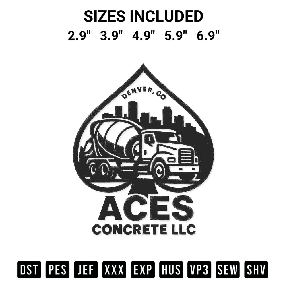 Stitch like a pro with the Aces Concrete Llc Embroidery Design embroidery pattern from Designspacks.com. High-quality digital machine embroidery file. Available sizes: 2.9", 3.9", 4.9", 5.9", 6.9".