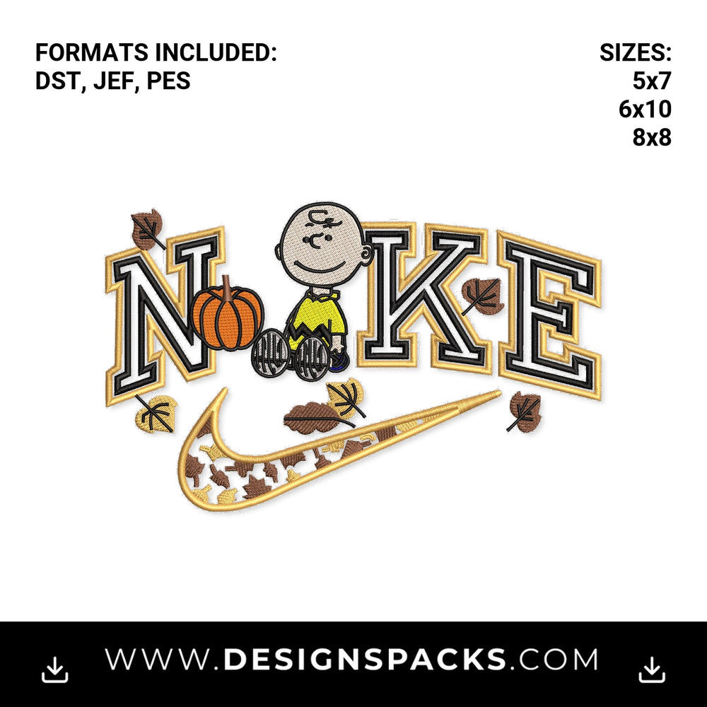 Charlie Brown Fall Pumpkin Swoosh Embroidery Design - Instant digital download pattern at Designspacks.com