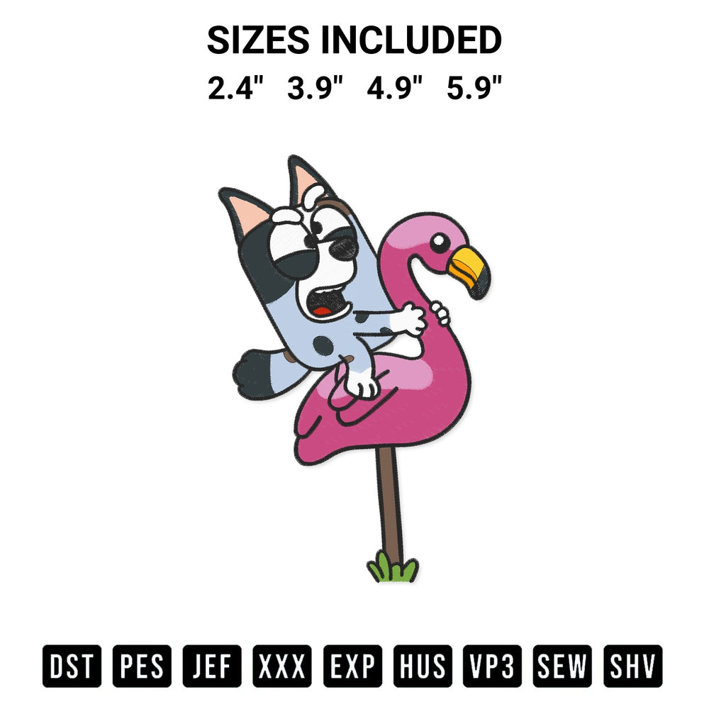 Download the Flamingo Queen Muffin Heeler Bluey Embroidery Design machine embroidery design exclusively at Designspacks.com. Premium digitized pattern for apparel and DIY crafts. Available sizes: 2.4", 3.9", 4.9", 5.9".