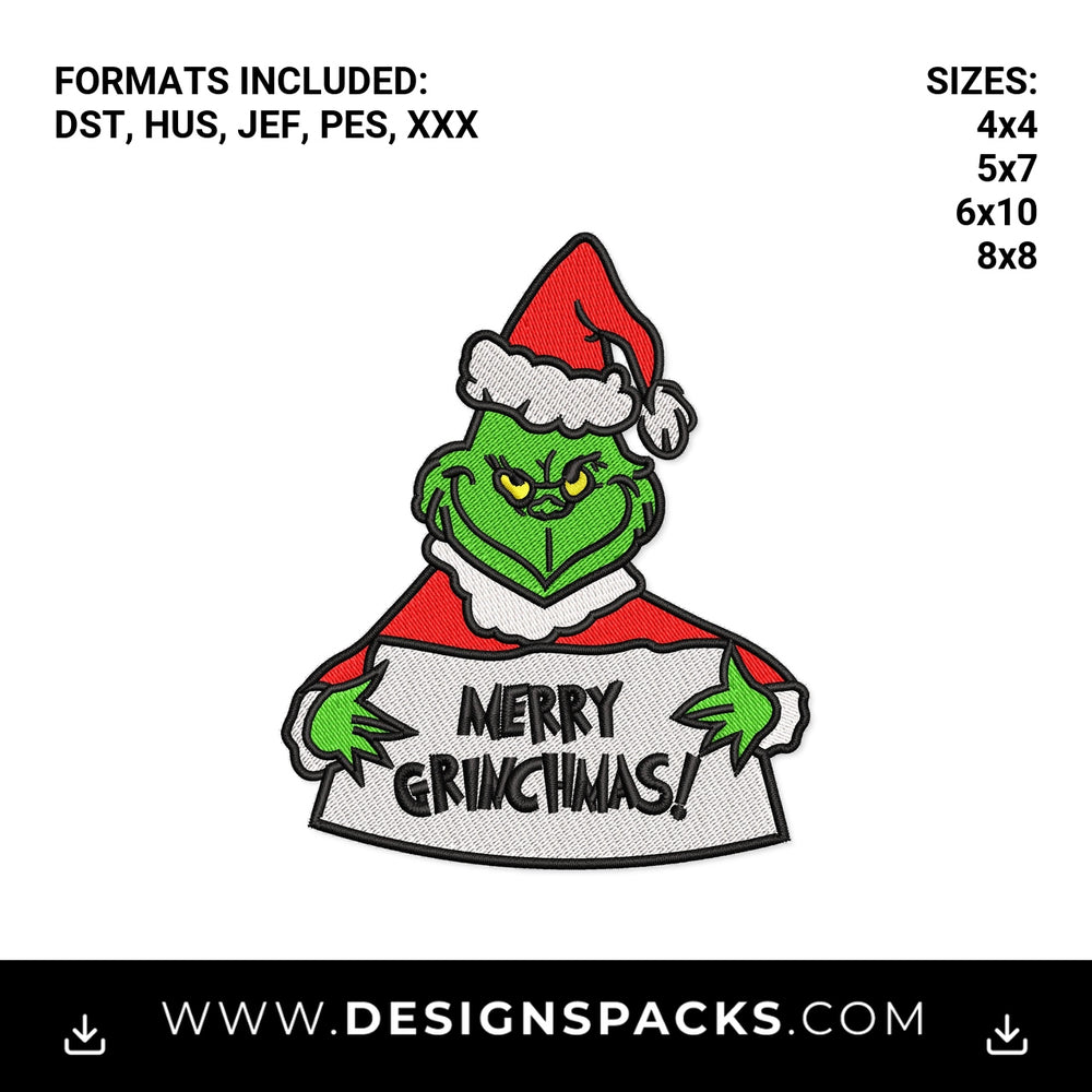 Merry Grinchmas Christmas Character Sign Embroidery Design - Instant digital download pattern at Designspacks.com