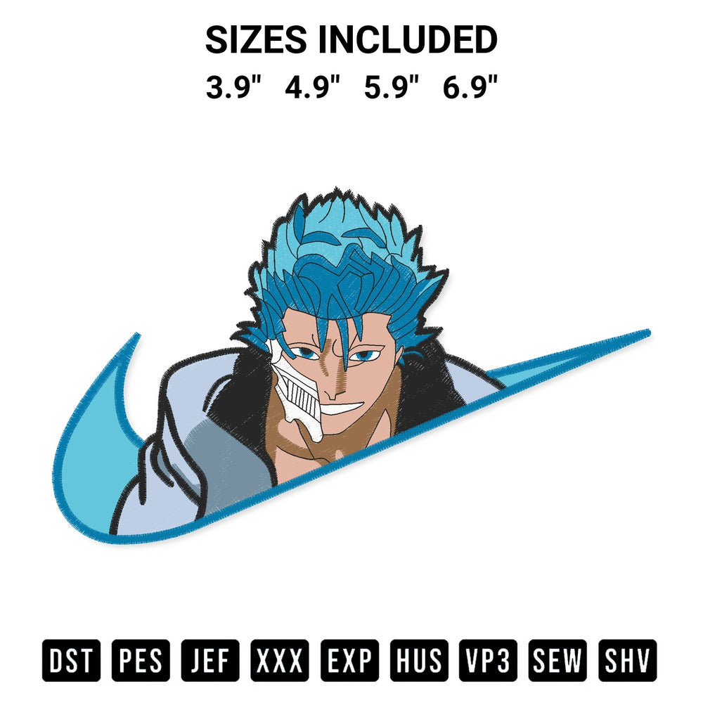 Get the Swoosh Grimmjow Bleach Embroidery Design embroidery design for your custom crafts! Premium digitized files available for instant download at Designspacks.com. Available sizes: 3.9", 4.9", 5.9", 6.9".