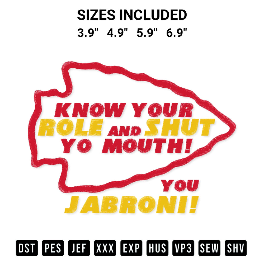 Discover the perfect addition to your crafting collection: Know Your Role And Shut Your Mouth You Jabroni Funny Travis Kelce Embroidery Design embroidery file. Instantly available at Designspacks.com. Available sizes: 3.9", 4.9", 5.9", 6.9".