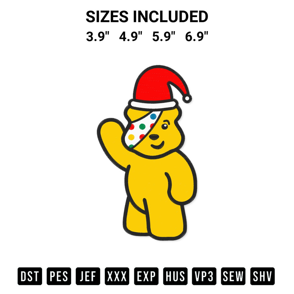 Discover the perfect addition to your crafting collection: Pudsey Bear Santa Children In Need Embroidery Design embroidery file. Instantly available at Designspacks.com. Available sizes: 3.9", 4.9", 5.9", 6.9".
