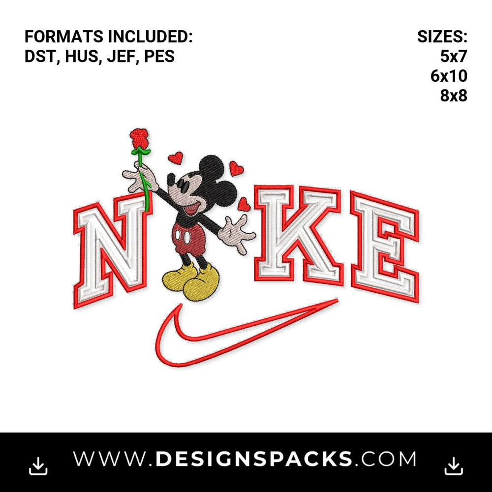 Mickey Mouse Nike Rose Swoosh Valentine Embroidery Design - Instant digital download pattern at Designspacks.com