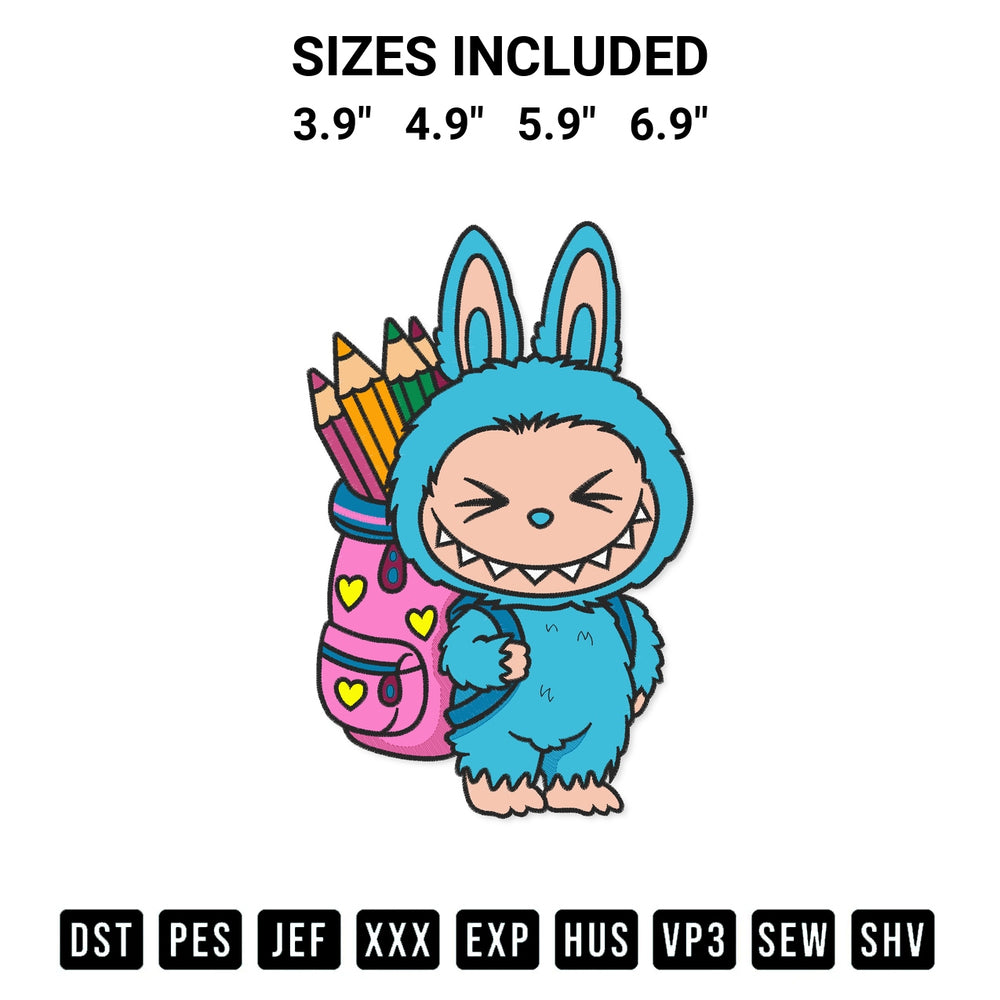 Shop the Labubu With Pencil Backpack Embroidery Design machine embroidery pattern at Designspacks.com. Beautifully digitized for flawless stitching on any fabric. Available sizes: 3.9", 4.9", 5.9", 6.9".