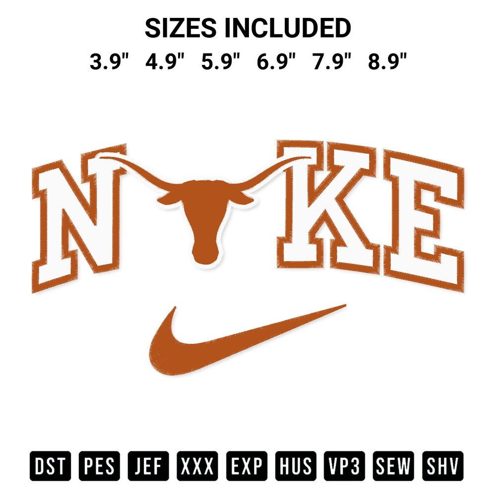 Stitch like a pro with the Texas Longhorns X Nike Embroidery Design embroidery pattern from Designspacks.com. High-quality digital machine embroidery file. Available sizes: 3.9", 4.9", 5.9", 6.9", 7.9", 8.9".