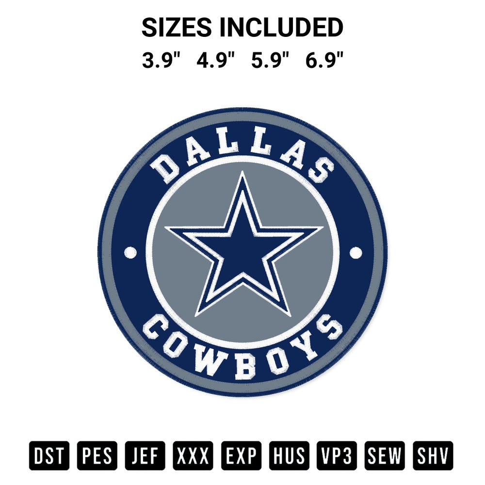 Get the Dallas Cowboys Circle Logo Embroidery Design embroidery design for your custom crafts! Premium digitized files available for instant download at Designspacks.com. Available sizes: 3.9", 4.9", 5.9", 6.9".