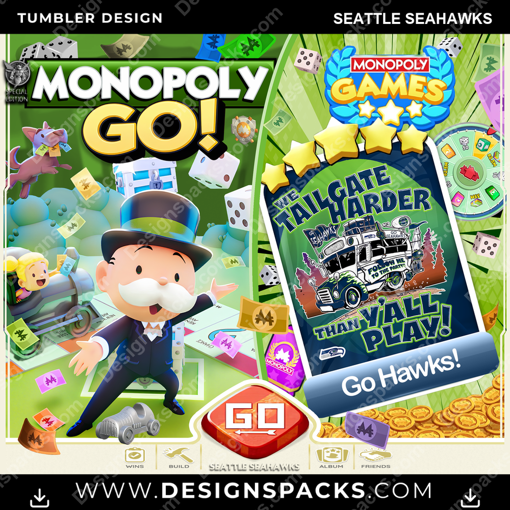 Football Monopoly Go! Seattle Seahawks NFL Football Tumbler Digital Wrap Design Download