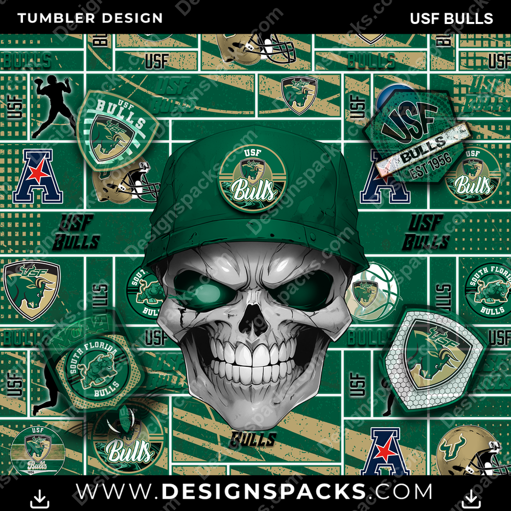 College Sport Skull USF Bulls Tumbler Digital Wrap Design