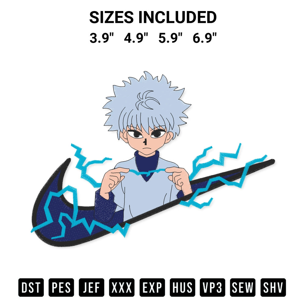 Discover the perfect addition to your crafting collection: Nike Zoldyck Killua Embroidery Design embroidery file. Instantly available at Designspacks.com. Available sizes: 3.9", 4.9", 5.9", 6.9".