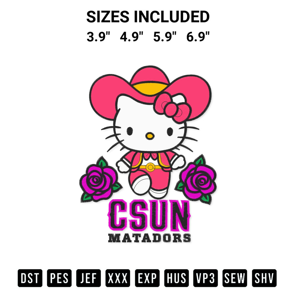 Shop the Hello Kitty Csun Matadors Embroidery Design machine embroidery pattern at Designspacks.com. Beautifully digitized for flawless stitching on any fabric. Available sizes: 3.9", 4.9", 5.9", 6.9".