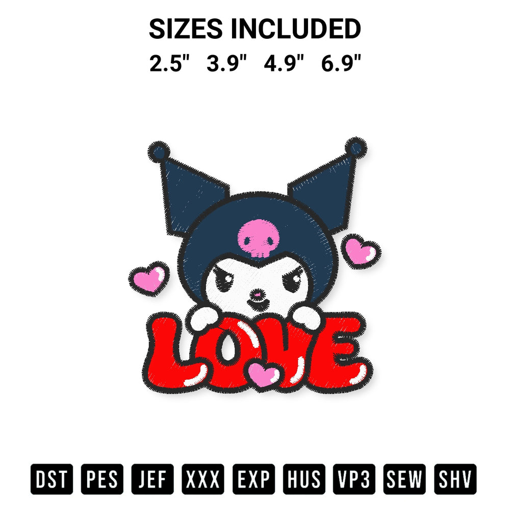 Stitch like a pro with the Love Kuromi Valentine Embroidery Design embroidery pattern from Designspacks.com. High-quality digital machine embroidery file. Available sizes: 2.5", 3.9", 4.9", 6.9".