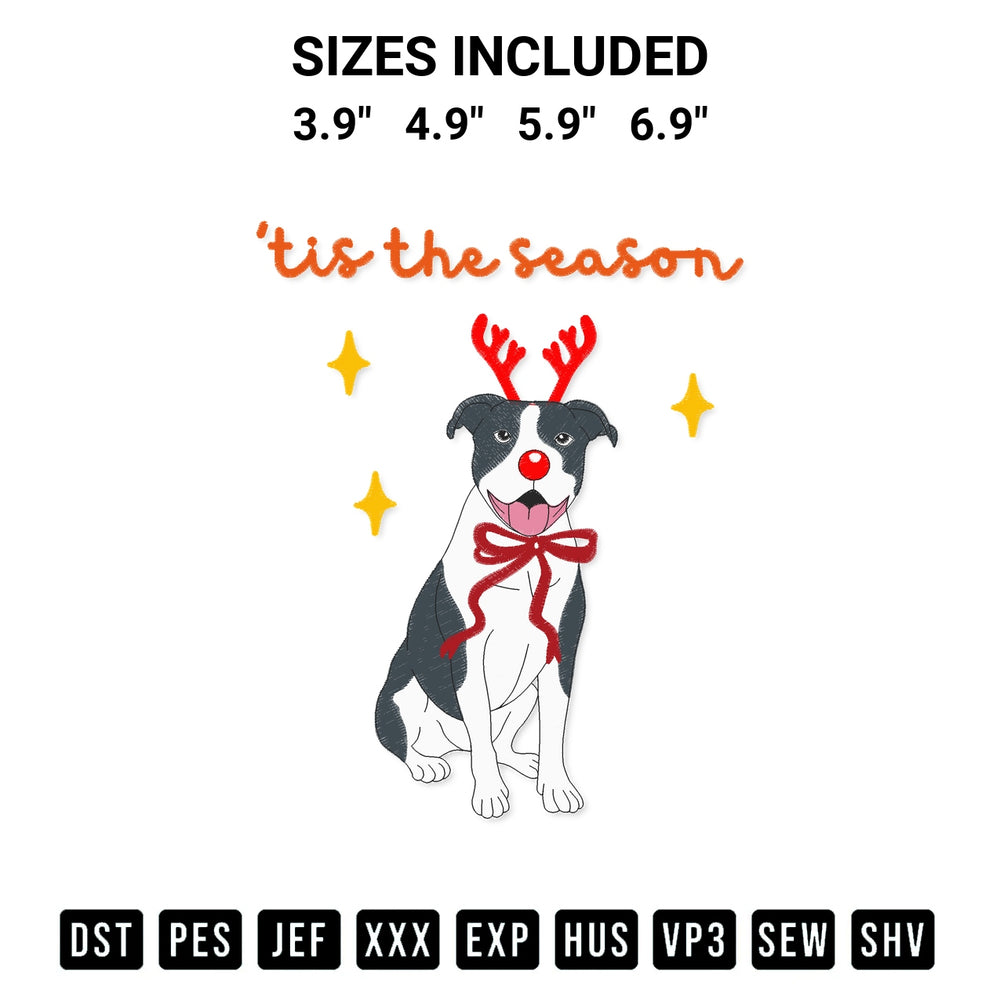 Elevate your next project with our Tis The Season Christmas Pitbull Reindeer Dog Embroidery Design embroidery file. Shop high-quality digital patterns instantly at Designspacks.com. Available sizes: 3.9", 4.9", 5.9", 6.9".