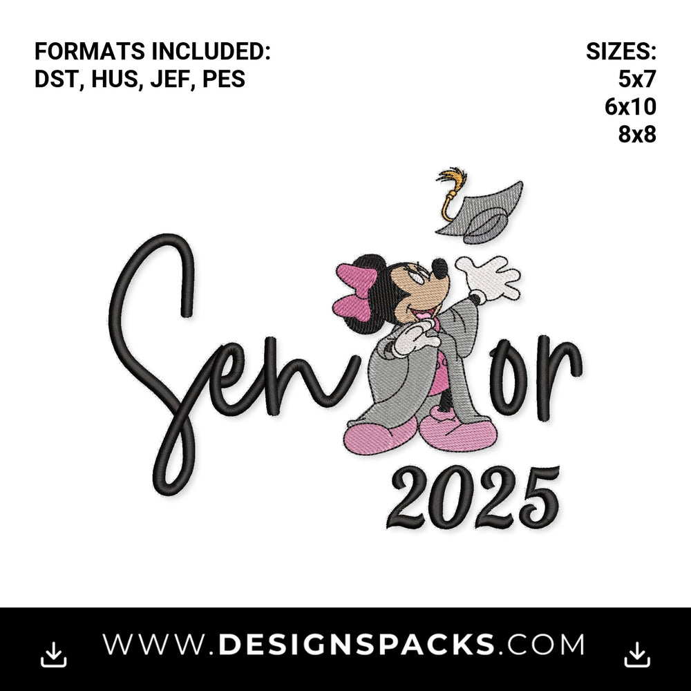 Senior 2025 Minnie Graduation Embroidery Design - Instant digital download pattern at Designspacks.com
