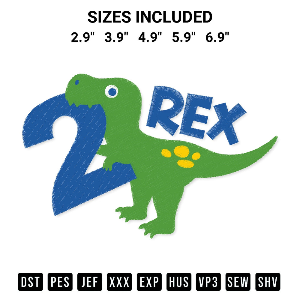 Get the 2 Rex Dinosaur Birthday Boy Embroidery Design embroidery design for your custom crafts! Premium digitized files available for instant download at Designspacks.com. Available sizes: 2.9", 3.9", 4.9", 5.9", 6.9".