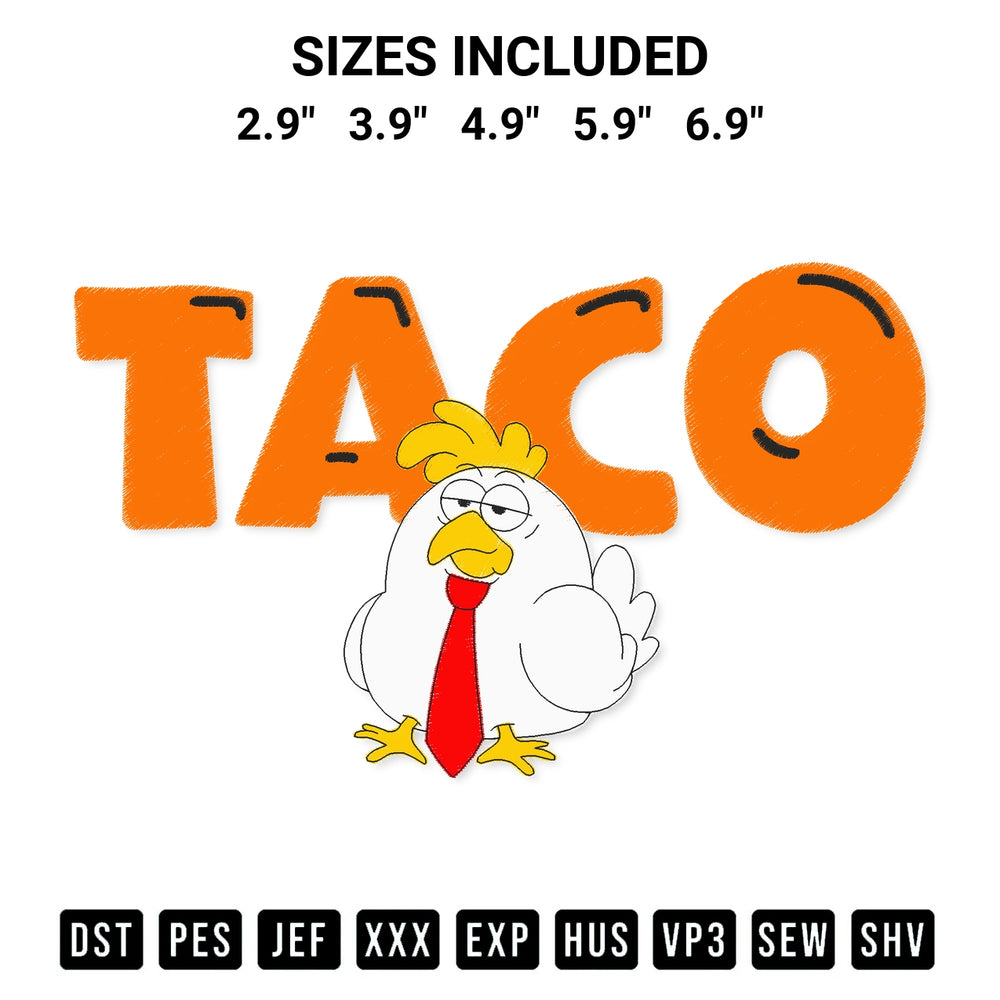 Transform your fabrics with the Taco Trump Always Chickens Out Embroidery Design embroidery design. Instant access to premium digitized patterns at Designspacks.com. Available sizes: 2.9", 3.9", 4.9", 5.9", 6.9".