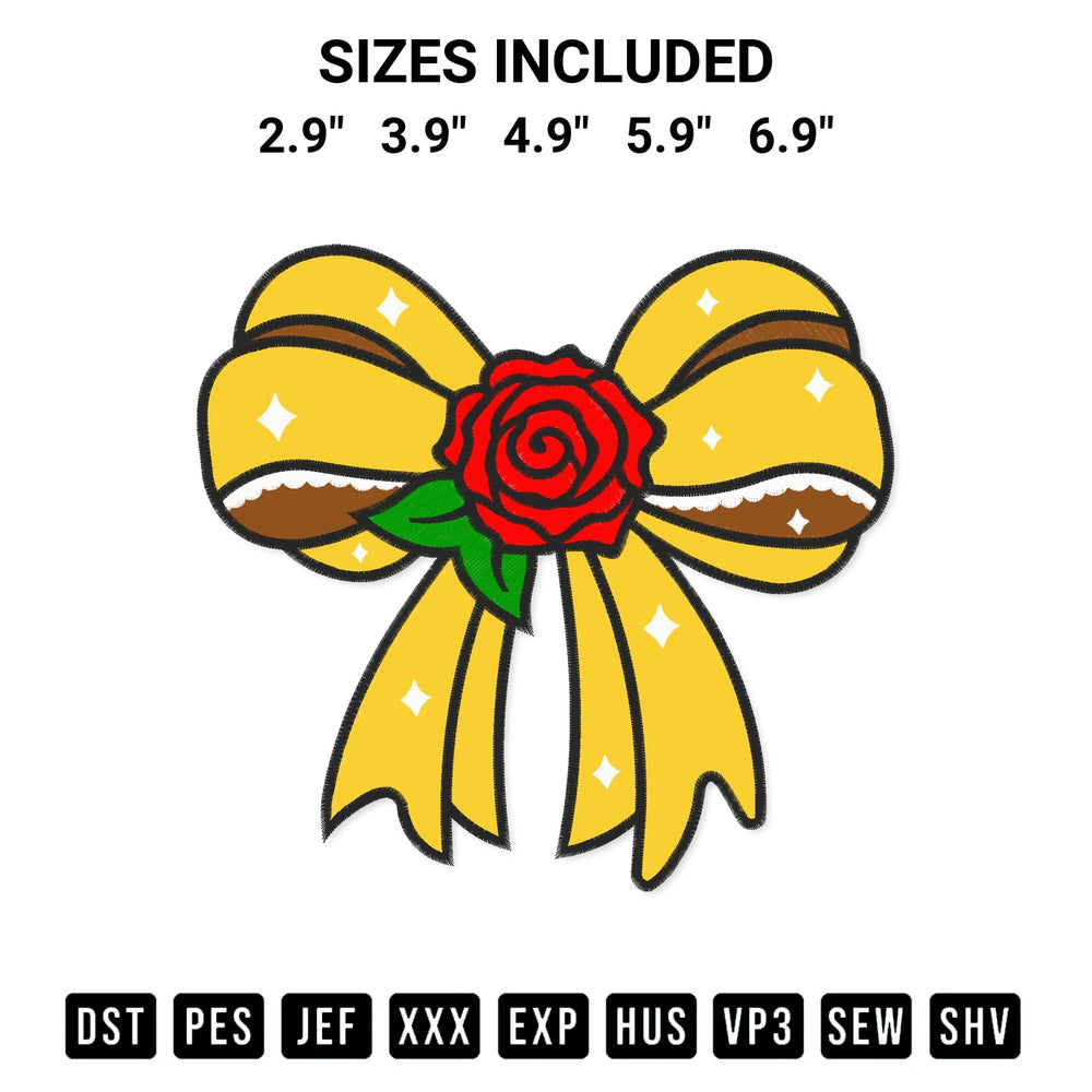 Add a unique touch to your apparel with the Princess Belle Bow Embroidery Design embroidery file. Premium instant download available now on Designspacks.com. Available sizes: 2.9", 3.9", 4.9", 5.9", 6.9".