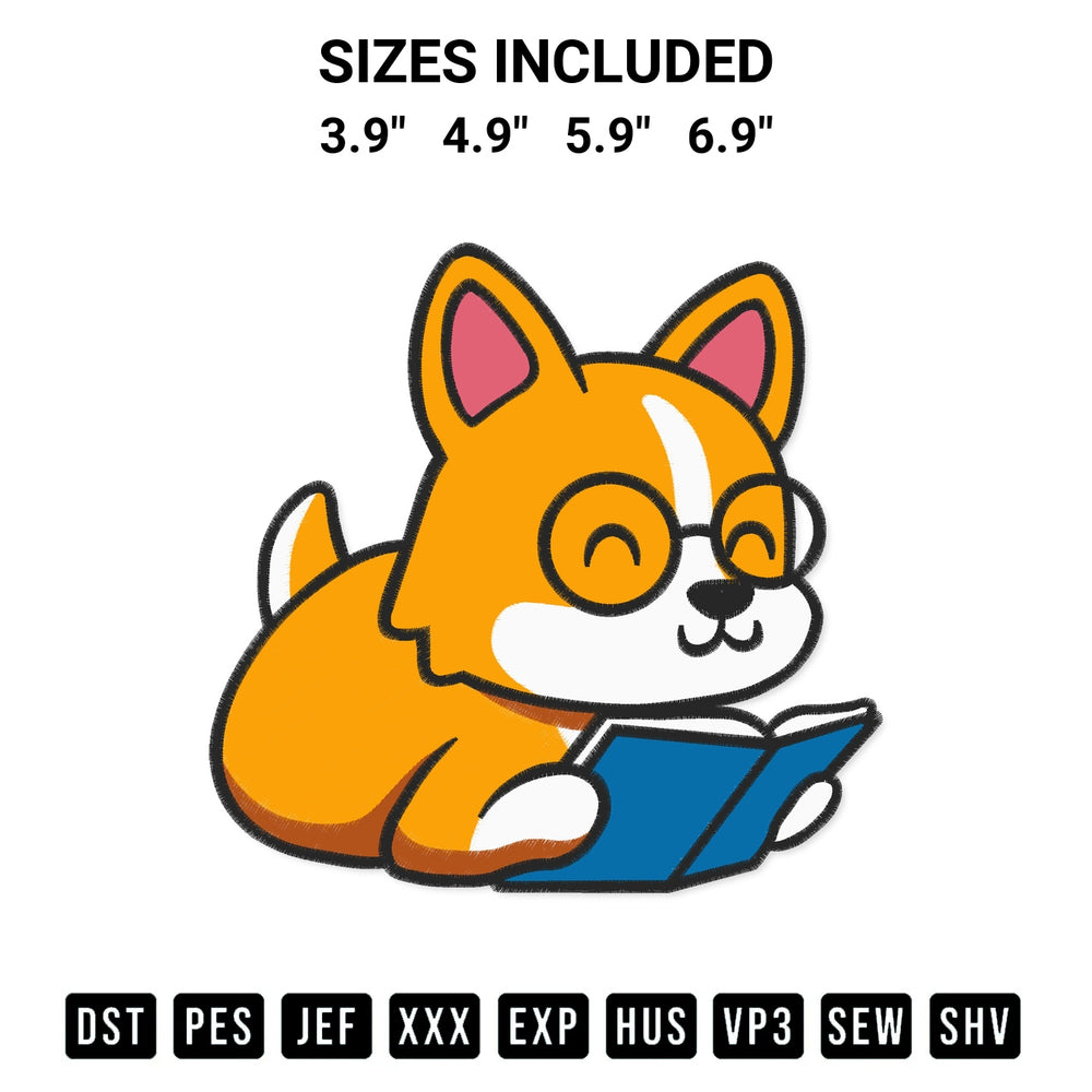 Transform your fabrics with the Cute Corgi Dog Reading Book Embroidery Design embroidery design. Instant access to premium digitized patterns at Designspacks.com. Available sizes: 3.9", 4.9", 5.9", 6.9".