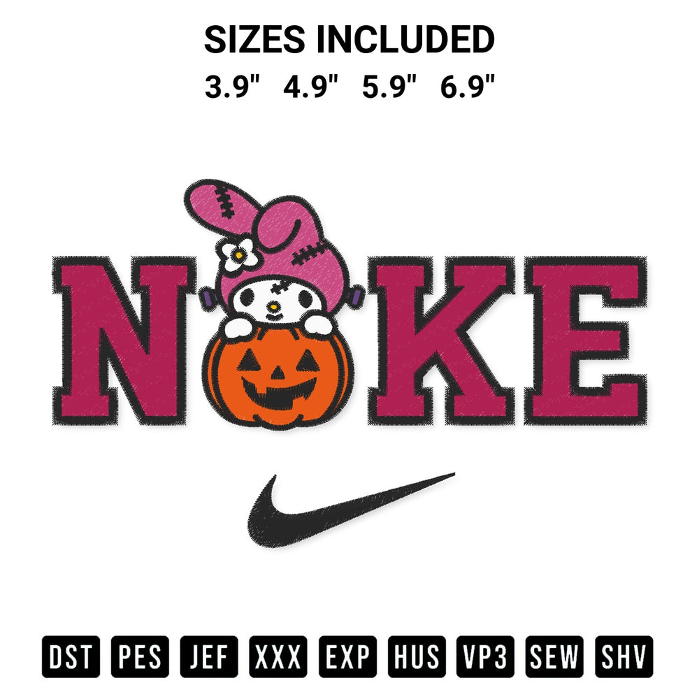 Shop the Nike My Melody Pumpkin Embroidery Design machine embroidery pattern at Designspacks.com. Beautifully digitized for flawless stitching on any fabric. Available sizes: 3.9", 4.9", 5.9", 6.9".