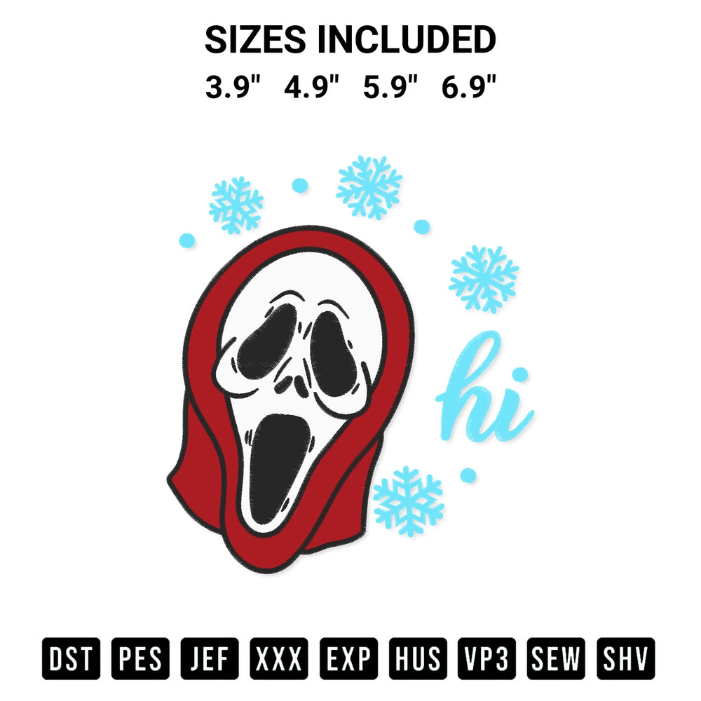 Discover the perfect addition to your crafting collection: Hi Ghostface Scream Santa Embroidery Design embroidery file. Instantly available at Designspacks.com. Available sizes: 3.9", 4.9", 5.9", 6.9".