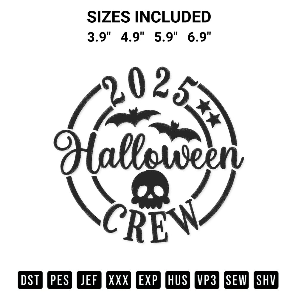 Transform your fabrics with the 2025 Halloween Crew Embroidery Design embroidery design. Instant access to premium digitized patterns at Designspacks.com. Available sizes: 3.9", 4.9", 5.9", 6.9".