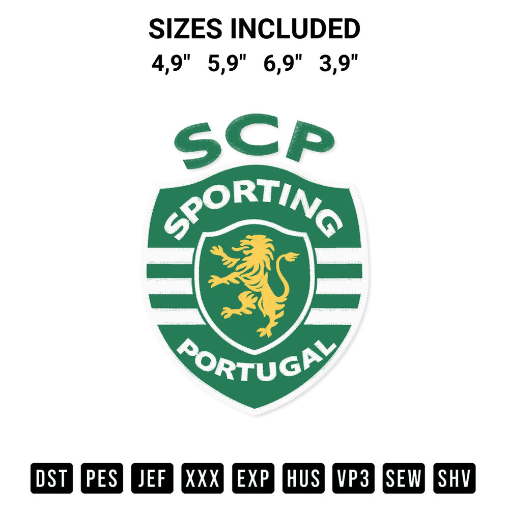 Add a unique touch to your apparel with the Sporting Lisbon Logo Embroidery Design embroidery file. Premium instant download available now on Designspacks.com. Available sizes: 4,9", 5,9", 6,9", 3,9".