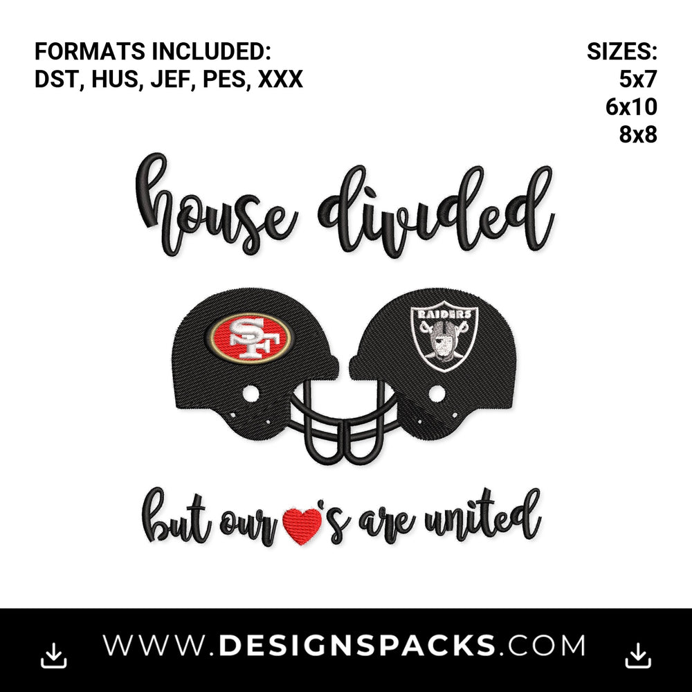 House Divided 49ers vs Raiders Helmets Embroidery Design - Instant digital download pattern at Designspacks.com
