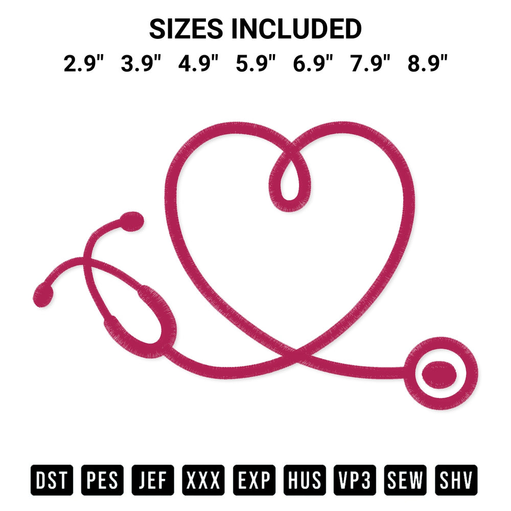 Add a unique touch to your apparel with the Heart Nurse Stethoscope Embroidery Design embroidery file. Premium instant download available now on Designspacks.com. Available sizes: 2.9", 3.9", 4.9", 5.9", 6.9", 7.9", 8.9".