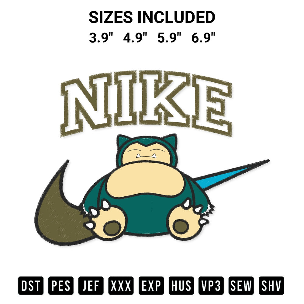 Stitch like a pro with the Nike Pokemon Snorlax Embroidery Design embroidery pattern from Designspacks.com. High-quality digital machine embroidery file. Available sizes: 3.9", 4.9", 5.9", 6.9".