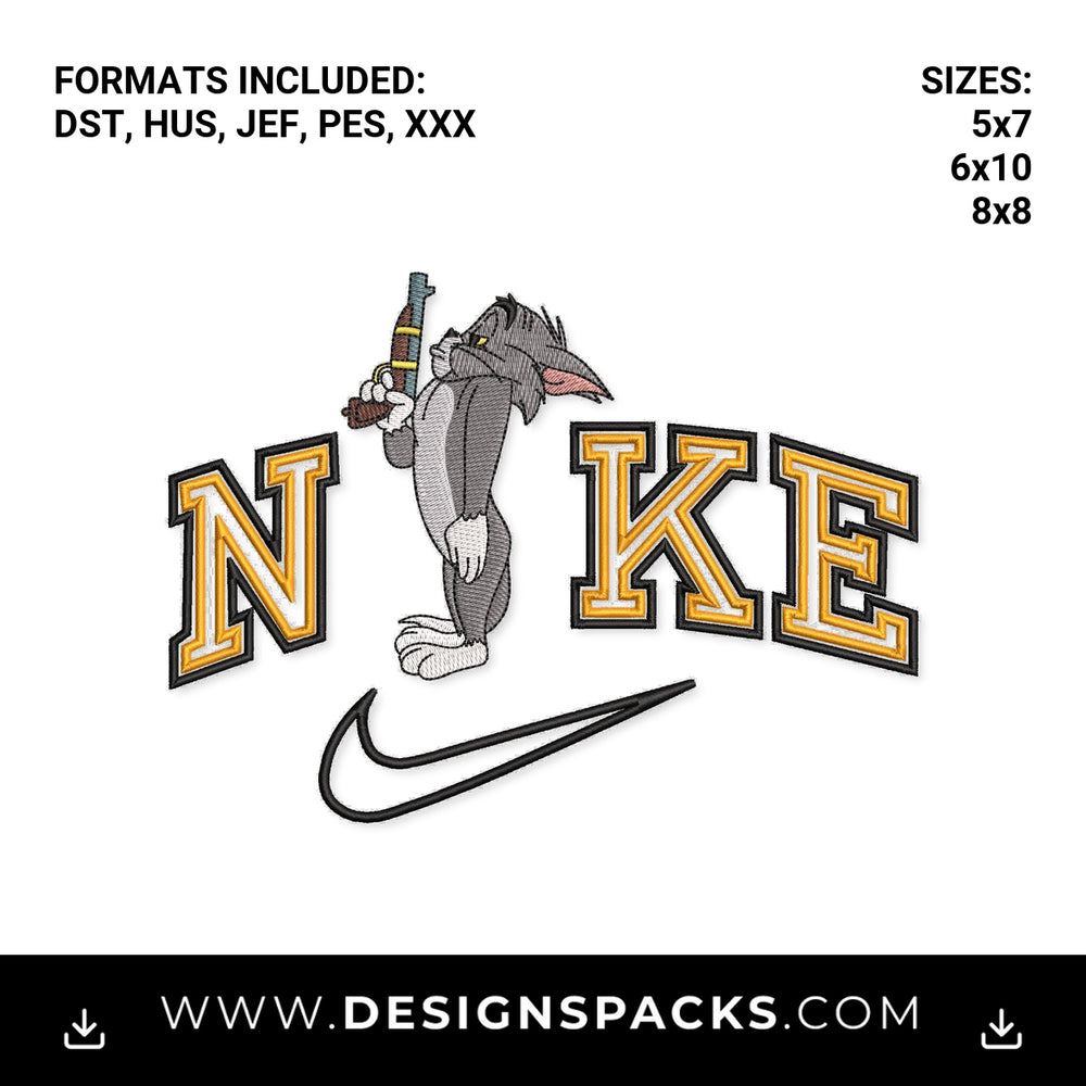 Tom Cat with Shotgun Nike Swoosh Embroidery Design - Instant digital download pattern at Designspacks.com