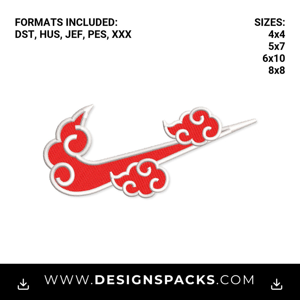 Akatsuki Red Cloud Swoosh Embroidery Design - Instant digital download pattern at Designspacks.com