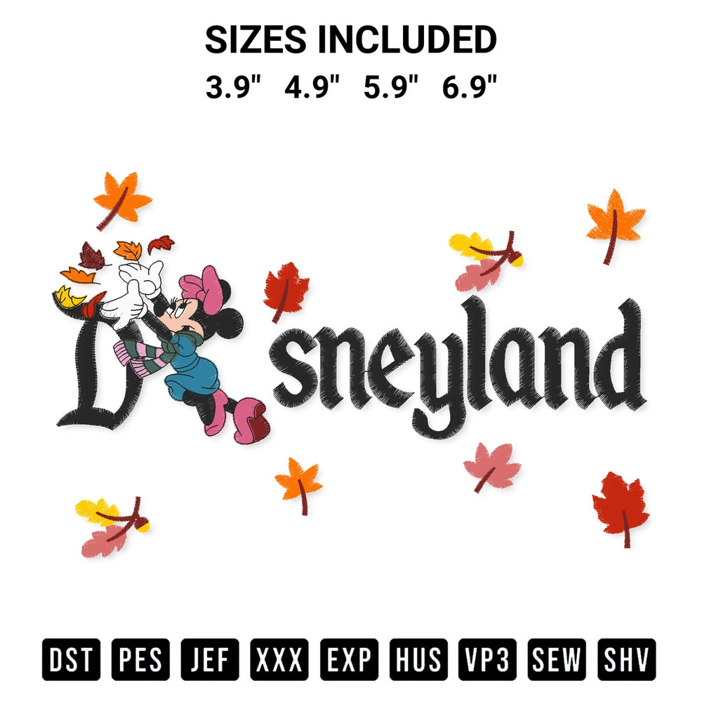 Looking for the perfect pattern? Download the Disneyland Minnie Mouse Fall Embroidery Design embroidery design today at Designspacks.com. Crisp, clean stitching guaranteed. Available sizes: 3.9", 4.9", 5.9", 6.9".