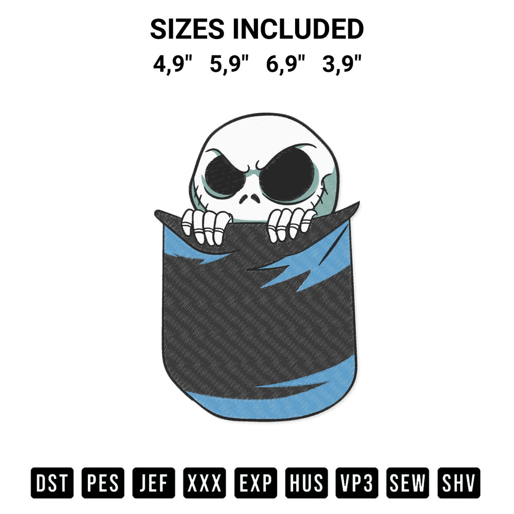 Shop the Jack Skellington In The Pocket Halloween Season Logo Embroidery Design machine embroidery pattern at Designspacks.com. Beautifully digitized for flawless stitching on any fabric. Available sizes: 4,9", 5,9", 6,9", 3,9".