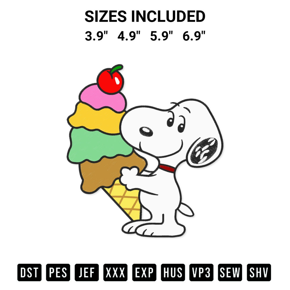 Download the Ice Cream Snoopy Embroidery Design machine embroidery design exclusively at Designspacks.com. Premium digitized pattern for apparel and DIY crafts. Available sizes: 3.9", 4.9", 5.9", 6.9".