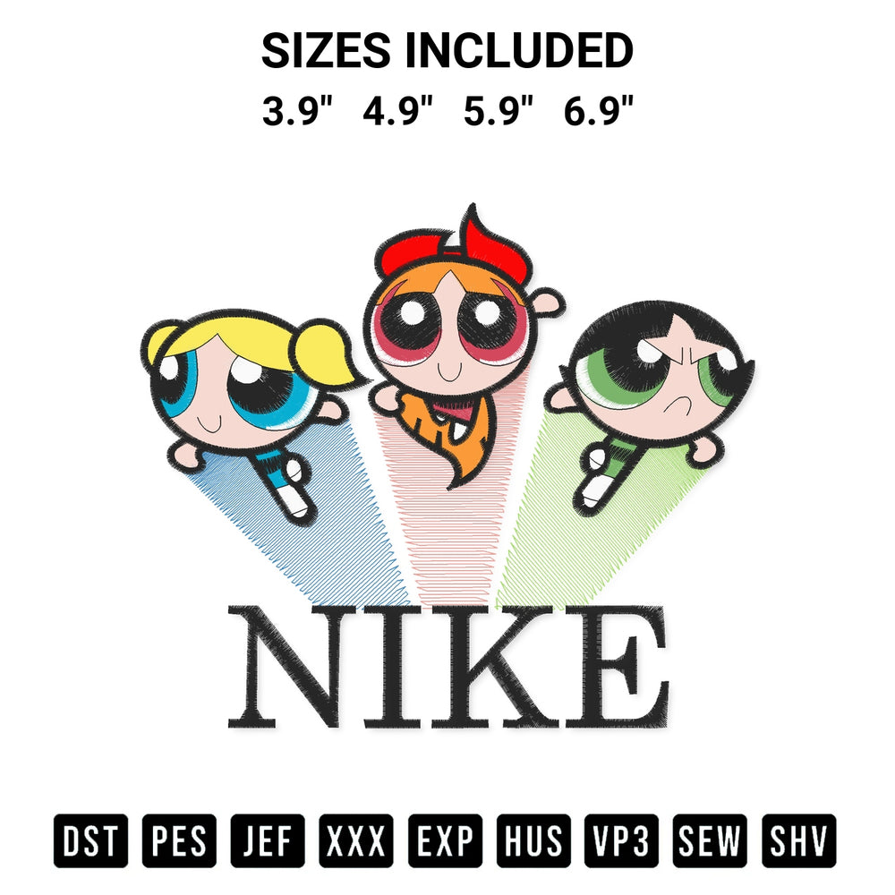 Discover the perfect addition to your crafting collection: Powerpuff Girls Nike Embroidery Design embroidery file. Instantly available at Designspacks.com. Available sizes: 3.9", 4.9", 5.9", 6.9".